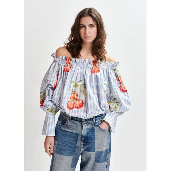 white and burned orange striped off-the-shoulder shirt with embroidery - Essentiel Antwerp Shirts - Colorful Belgian Design - Shop at Luxury Shoes 