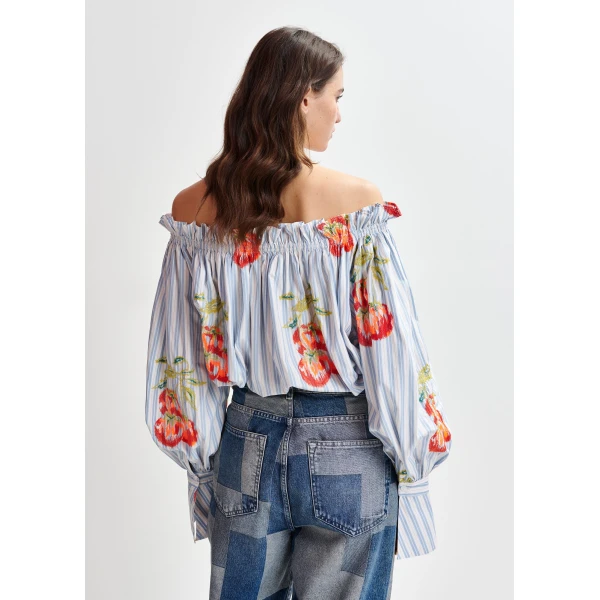 white and burned orange striped off-the-shoulder shirt with embroidery - Essentiel Antwerp Shirts - Colorful Belgian Design - Shop at Luxury Shoes 