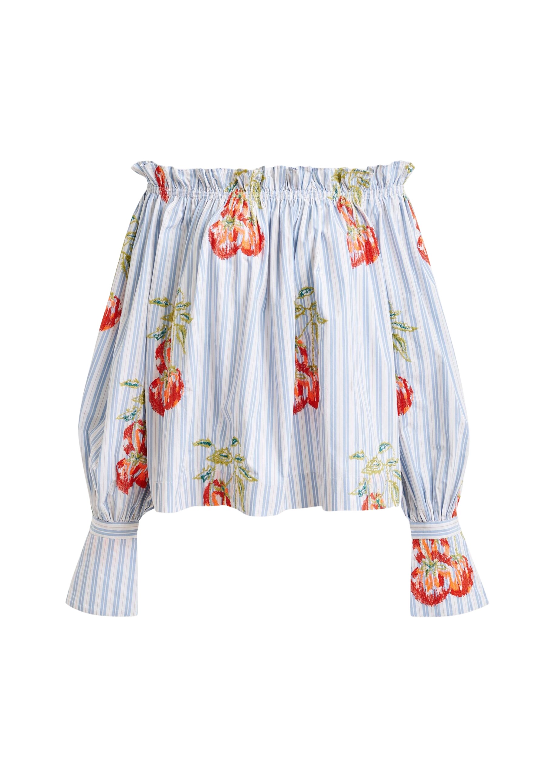 Essentiel Antwerp Blue , white and burned orange striped off-the-shoulder shirt with embroidery