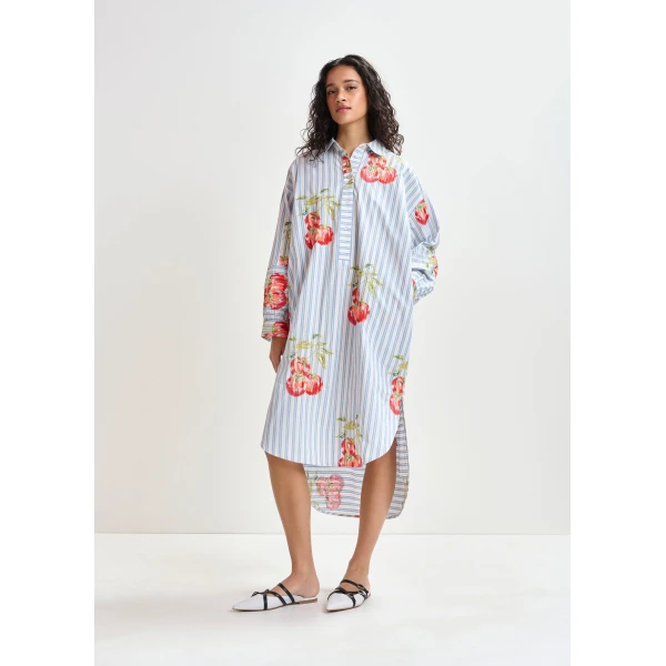 white and burned orange striped oversized midi dress with floral embroidery - Essentiel Antwerp Dresses - Colorful Belgian Design - Shop at Luxury Shoes 