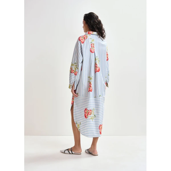 white and burned orange striped oversized midi dress with floral embroidery - Essentiel Antwerp Dresses - Colorful Belgian Design - Shop at Luxury Shoes 