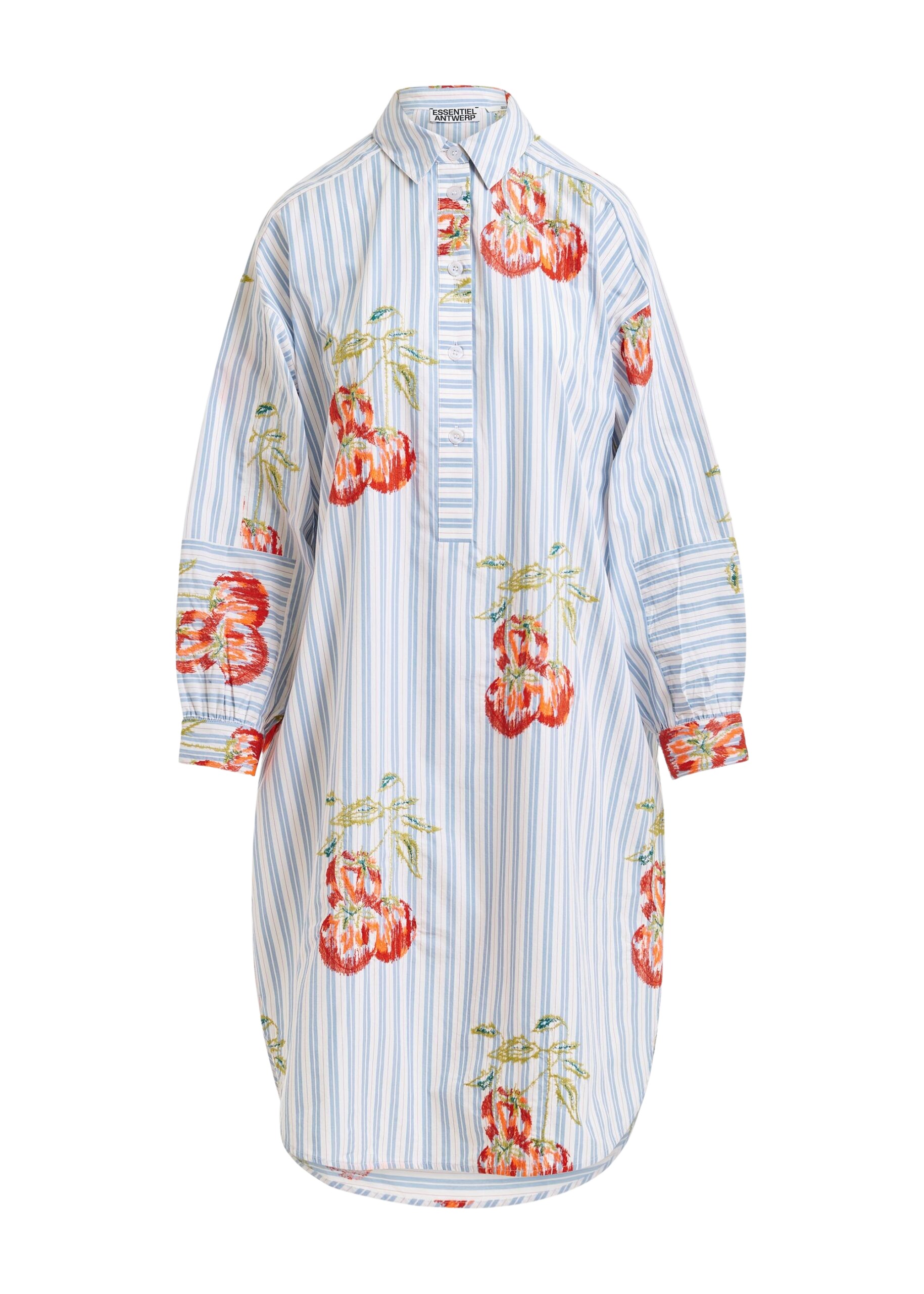 Essentiel Antwerp Blue, white and burned orange striped oversized midi dress with floral embroidery