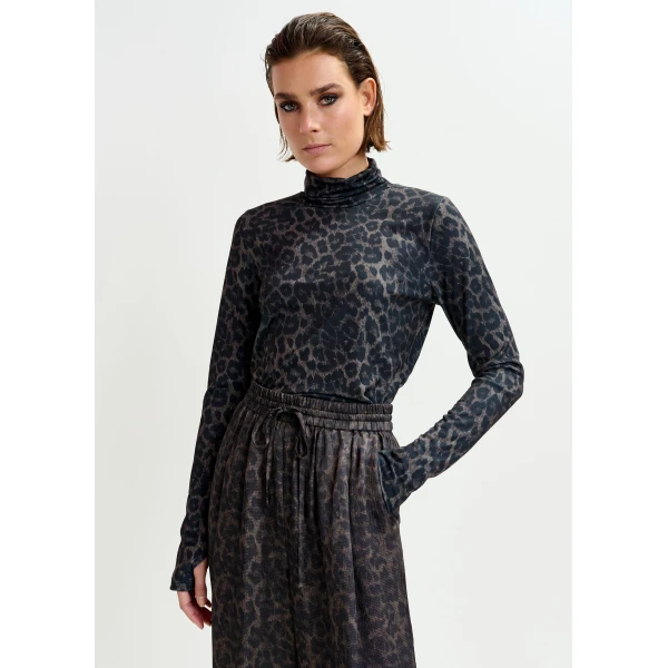 Essentiel Antwerp Brown and black leopard print turtleneck top - Essentiel Antwerp Tops - Colorful Belgian Design - Shop at Luxury Shoes 