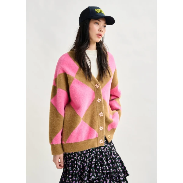 Essentiel Antwerp Brown and pink harlequin-patterned knit cardigan with flower-shaped buttons - Essentiel Antwerp Knitwear - Colorful Belgian Design - Shop at Luxury Shoes 