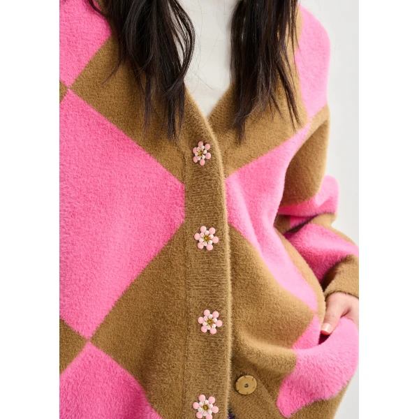Essentiel Antwerp Brown and pink harlequin-patterned knit cardigan with flower-shaped buttons - Essentiel Antwerp Knitwear - Colorful Belgian Design - Shop at Luxury Shoes 