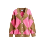 Essentiel Antwerp Brown and pink harlequin-patterned knit cardigan with flower-shaped buttons - Essentiel Antwerp Knitwear - Colorful Belgian Design - Shop at Luxury Shoes 
