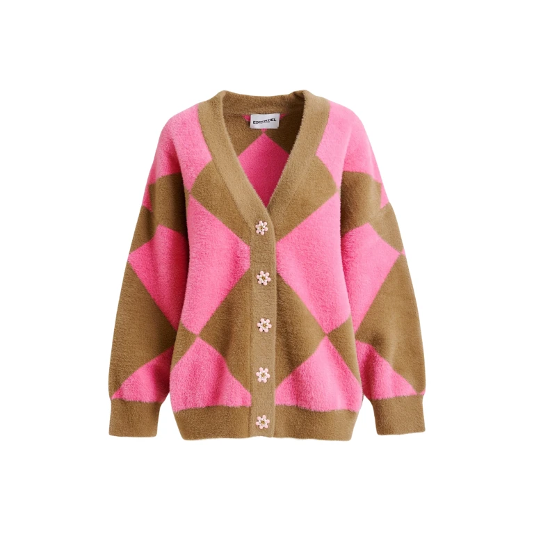 Essentiel Antwerp Brown and pink harlequin-patterned knit cardigan with flower-shaped buttons - Essentiel Antwerp Knitwear - Colorful Belgian Design - Shop at Luxury Shoes 