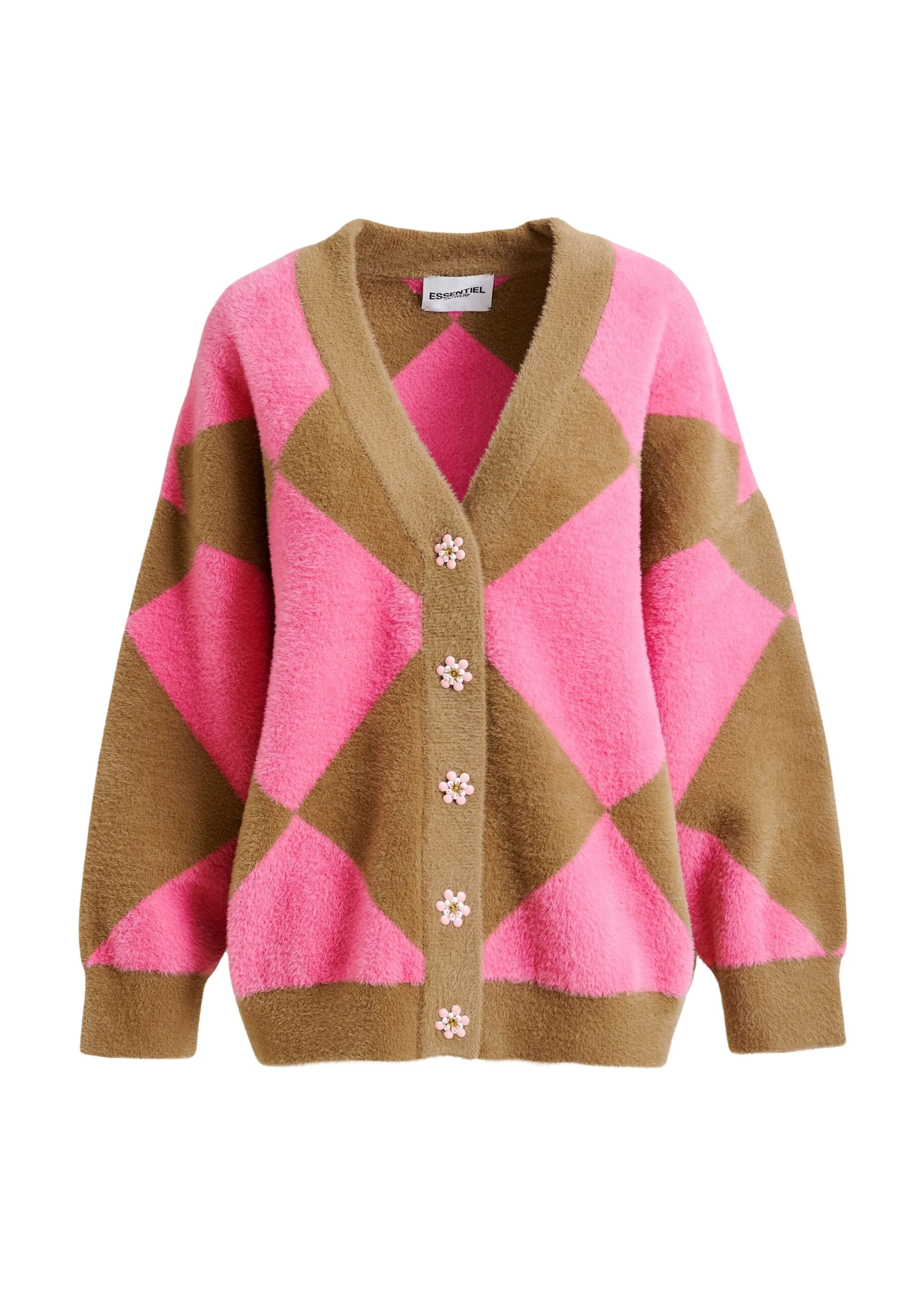 Brown-and-pink-harlequin-patterned-knit-cardigan-with-flower-shaped-buttons-Essentiel-Antwerp-Knitwear-scaled30598_nobg Essentiel Antwerp Brown and pink harlequin-patterned knit cardigan with flower-shaped buttons - Essentiel Antwerp Knitwear - Colorful Belgian Design - Shop at Luxury Shoes