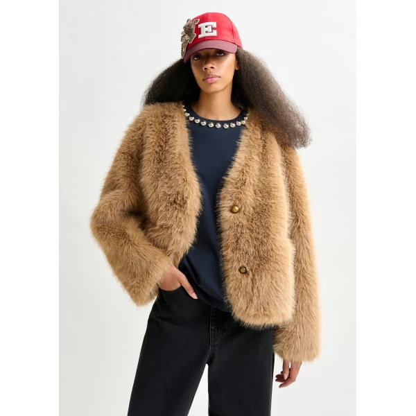 Essentiel Antwerp Brown faux fur jacket - Essentiel Antwerp Jackets - Colorful Belgian Design - Shop at Luxury Shoes 