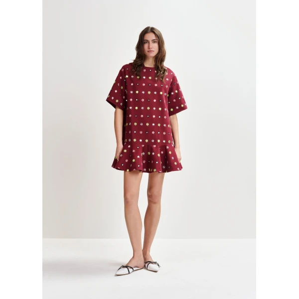 Essentiel Antwerp Burgundy and multicolor embroidered oversized dress with mirror accents & ruffled Hem - Essentiel Antwerp Dresses - Colorful Belgian Design - Shop at Luxury Shoes 