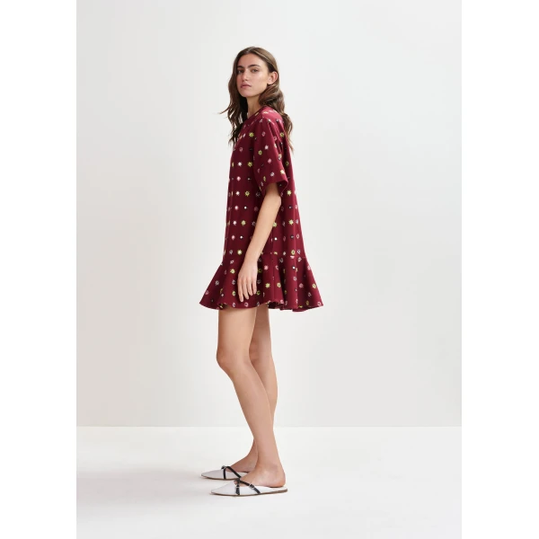 Essentiel Antwerp Burgundy and multicolor embroidered oversized dress with mirror accents & ruffled Hem - Essentiel Antwerp Dresses - Colorful Belgian Design - Shop at Luxury Shoes 