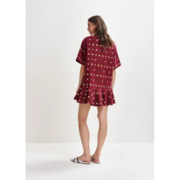 Essentiel Antwerp Burgundy and multicolor embroidered oversized dress with mirror accents & ruffled Hem - Essentiel Antwerp Dresses - Colorful Belgian Design - Shop at Luxury Shoes 