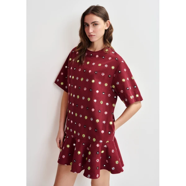 Essentiel Antwerp Burgundy and multicolor embroidered oversized dress with mirror accents & ruffled Hem - Essentiel Antwerp Dresses - Colorful Belgian Design - Shop at Luxury Shoes 