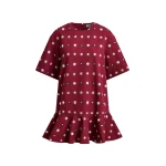 Essentiel Antwerp Burgundy and multicolor embroidered oversized dress with mirror accents & ruffled Hem - Essentiel Antwerp Dresses - Colorful Belgian Design - Shop at Luxury Shoes 