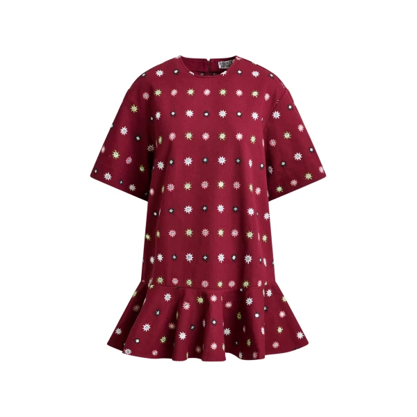 Essentiel Antwerp Burgundy and multicolor embroidered oversized dress with mirror accents & ruffled Hem - Essentiel Antwerp Dresses - Colorful Belgian Design - Shop at Luxury Shoes 