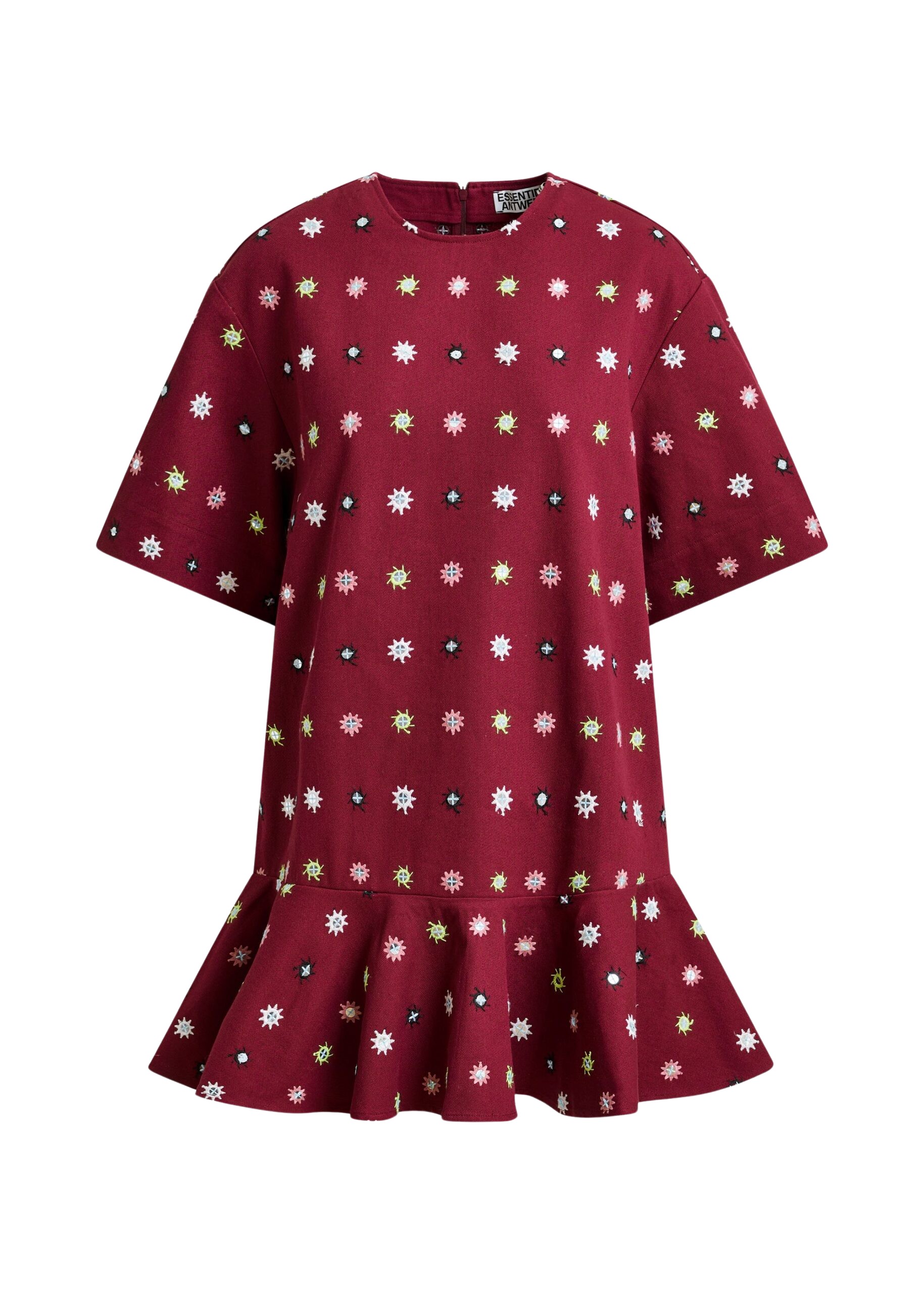 Essentiel Antwerp Burgundy and multicolor embroidered oversized dress with mirror accents & ruffled Hem