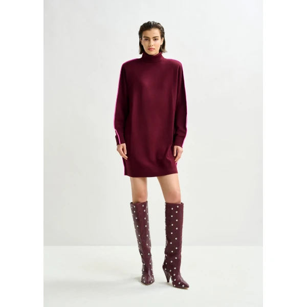 Essentiel Antwerp Burgundy and pink turtleneck wool-blend mini dress with contrast stripe - Essentiel Antwerp Dresses - Colorful Belgian Design - Shop at Luxury Shoes 