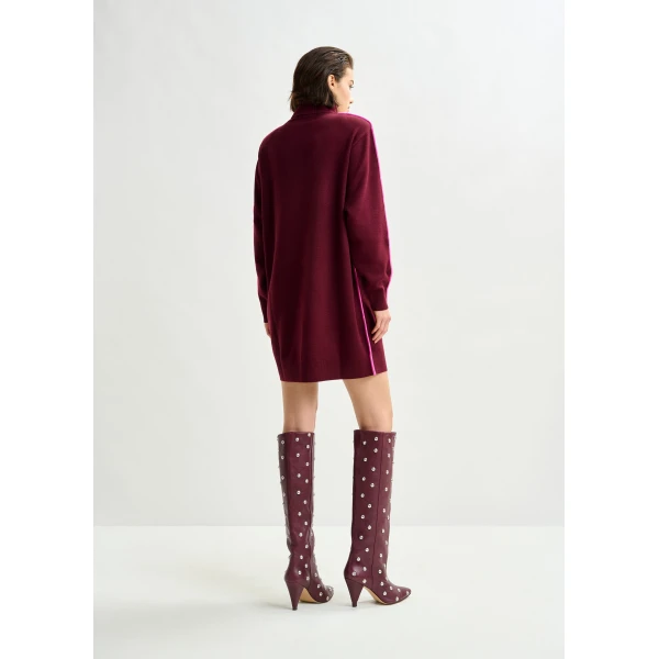 Essentiel Antwerp Burgundy and pink turtleneck wool-blend mini dress with contrast stripe - Essentiel Antwerp Dresses - Colorful Belgian Design - Shop at Luxury Shoes 