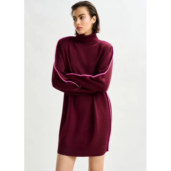 Essentiel Antwerp Burgundy and pink turtleneck wool-blend mini dress with contrast stripe - Essentiel Antwerp Dresses - Colorful Belgian Design - Shop at Luxury Shoes 