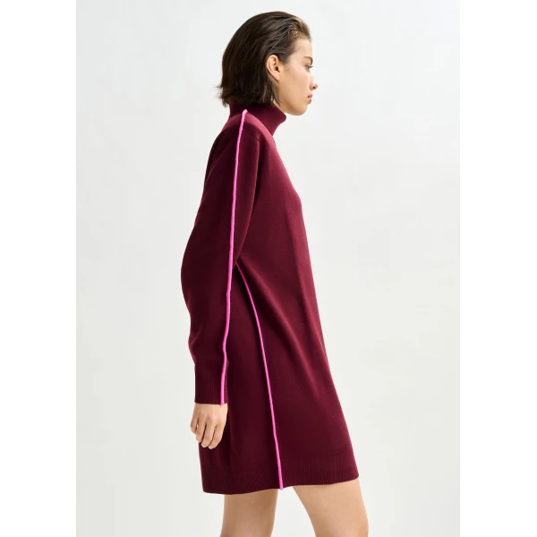 Essentiel Antwerp Burgundy and pink turtleneck wool-blend mini dress with contrast stripe - Essentiel Antwerp Dresses - Colorful Belgian Design - Shop at Luxury Shoes 