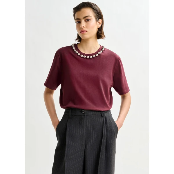 Essentiel Antwerp Burgundy and silver cotton T-shirt with metallic pearl-style embellishments - Essentiel Antwerp Shirts - Colorful Belgian Design - Shop at Luxury Shoes 