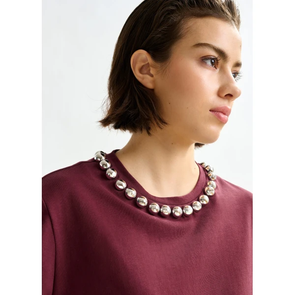 Essentiel Antwerp Burgundy and silver cotton T-shirt with metallic pearl-style embellishments - Essentiel Antwerp Shirts - Colorful Belgian Design - Shop at Luxury Shoes 