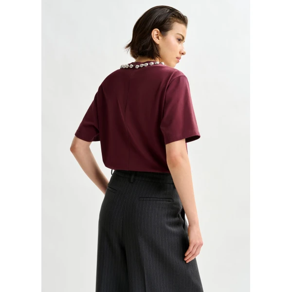 Essentiel Antwerp Burgundy and silver cotton T-shirt with metallic pearl-style embellishments - Essentiel Antwerp Shirts - Colorful Belgian Design - Shop at Luxury Shoes 