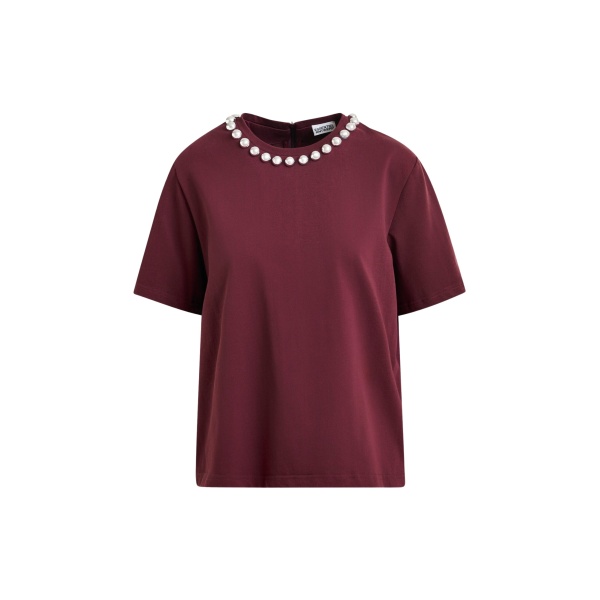 Essentiel Antwerp Burgundy and silver cotton T-shirt with metallic pearl-style embellishments - Essentiel Antwerp Shirts - Colorful Belgian Design - Shop at Luxury Shoes 