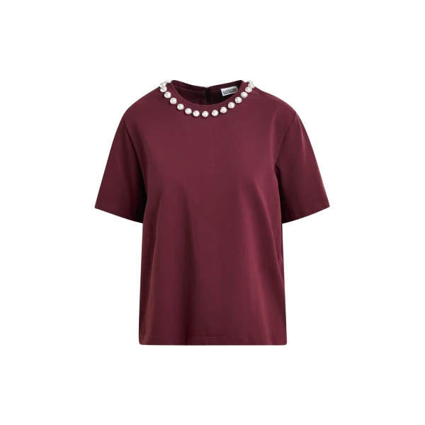 Essentiel Antwerp Burgundy and silver cotton T-shirt with metallic pearl-style embellishments - Essentiel Antwerp Shirts - Colorful Belgian Design - Shop at Luxury Shoes 