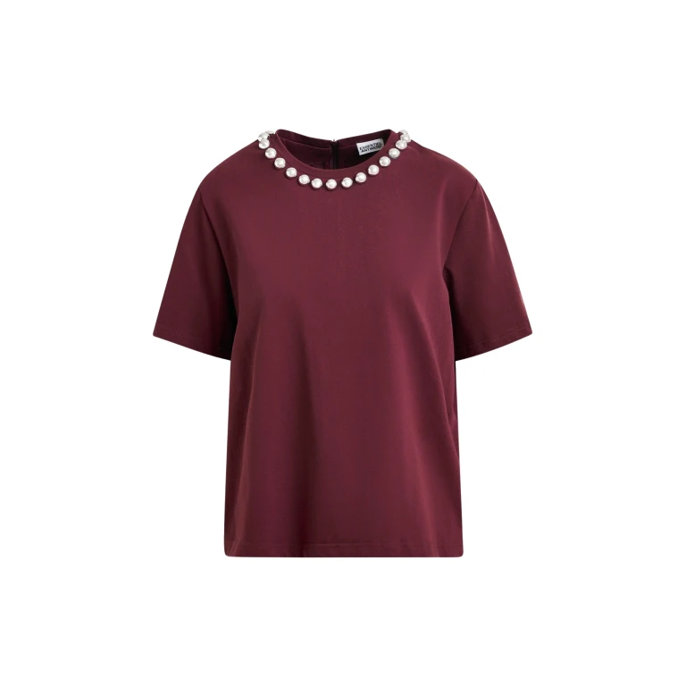 Essentiel Antwerp Burgundy and silver cotton T-shirt with metallic pearl-style embellishments - Essentiel Antwerp Shirts - Colorful Belgian Design - Shop at Luxury Shoes 