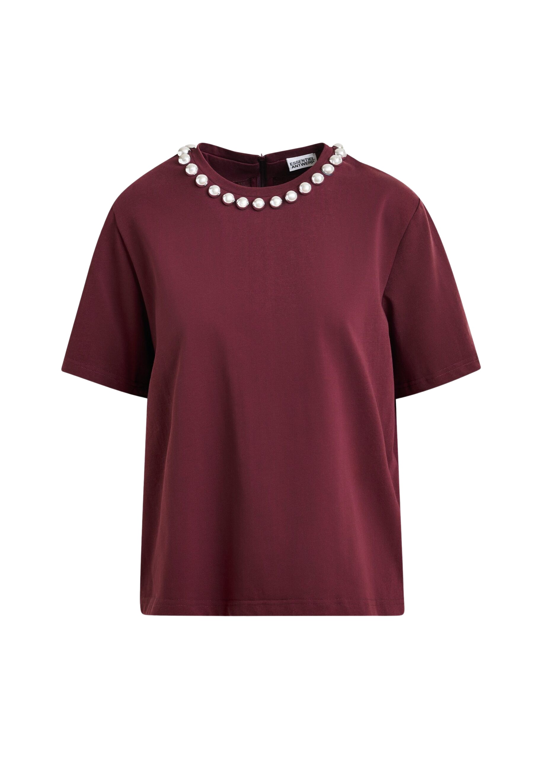 Essentiel Antwerp Burgundy and silver cotton T-shirt with metallic pearl-style embellishments Top