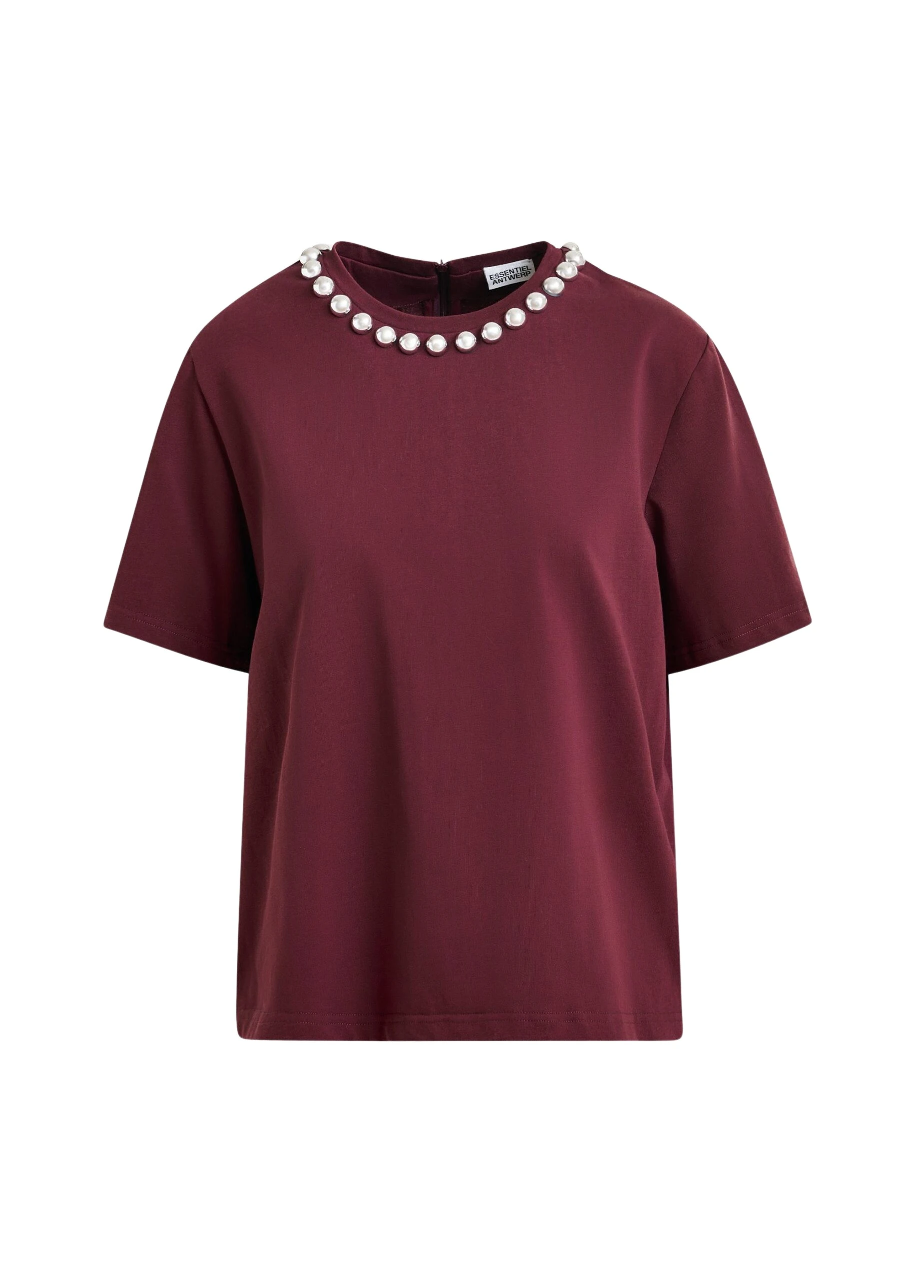 Burgundy-and-silver-cotton-T-shirt-with-metallic-pearl-style-embellishments-Essentiel-Antwerp-Shirts-scaled94686_nobg Essentiel Antwerp Burgundy and silver cotton T-shirt with metallic pearl-style embellishments - Essentiel Antwerp Shirts - Colorful Belgian Design - Shop at Luxury Shoes