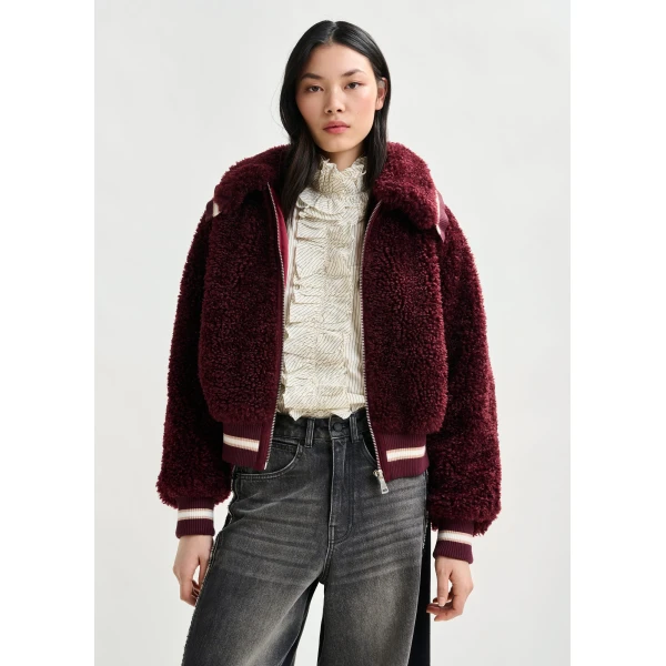 Essentiel Antwerp Burgundy and white oversized faux shearling bomber jacket - Essentiel Antwerp Jackets - Colorful Belgian Design - Shop at Luxury Shoes 