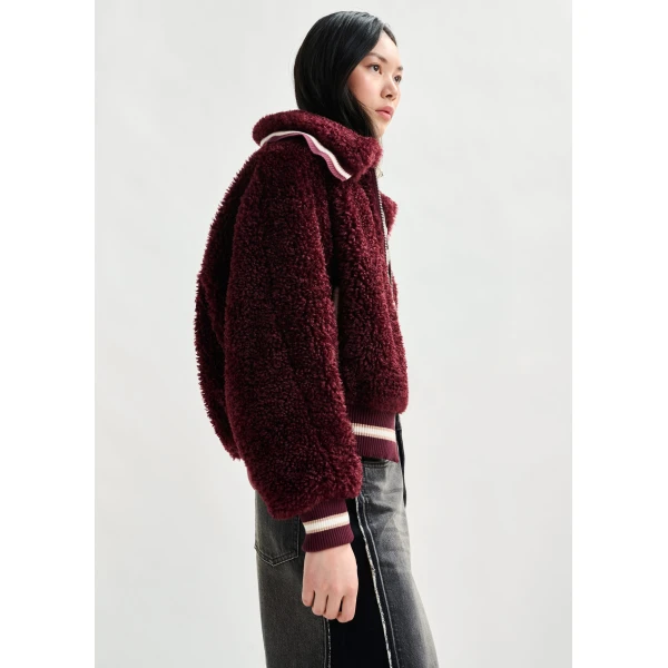 Essentiel Antwerp Burgundy and white oversized faux shearling bomber jacket - Essentiel Antwerp Jackets - Colorful Belgian Design - Shop at Luxury Shoes 