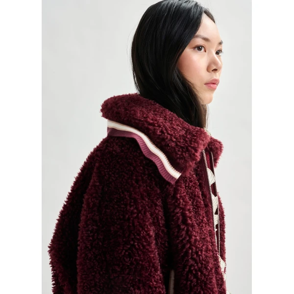 Essentiel Antwerp Burgundy and white oversized faux shearling bomber jacket - Essentiel Antwerp Jackets - Colorful Belgian Design - Shop at Luxury Shoes 