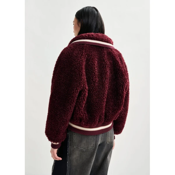 Essentiel Antwerp Burgundy and white oversized faux shearling bomber jacket - Essentiel Antwerp Jackets - Colorful Belgian Design - Shop at Luxury Shoes 