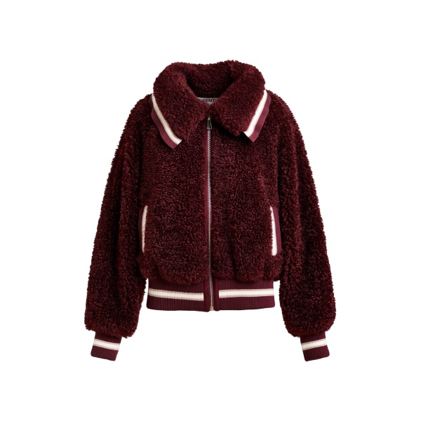 Essentiel Antwerp Burgundy and white oversized faux shearling bomber jacket - Essentiel Antwerp Jackets - Colorful Belgian Design - Shop at Luxury Shoes 