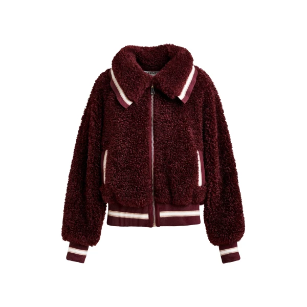 Essentiel Antwerp Burgundy and white oversized faux shearling bomber jacket - Essentiel Antwerp Jackets - Colorful Belgian Design - Shop at Luxury Shoes 