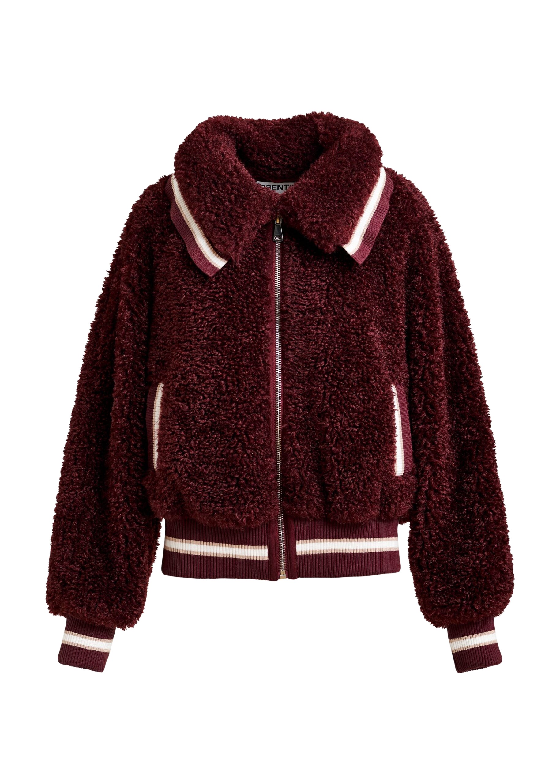 Essentiel Antwerp Burgundy and white oversized faux shearling bomber jacket - Essentiel Antwerp Jackets - Colorful Belgian Design - Shop at Luxury Shoes 