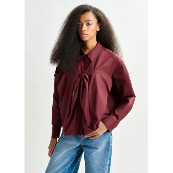 Essentiel Antwerp Burgundy bow-detailed cotton-blend shirt - Essentiel Antwerp Shirts - Colorful Belgian Design - Shop at Luxury Shoes 