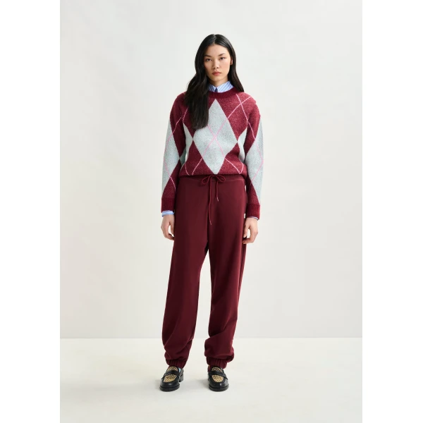 Essentiel Antwerp Burgundy cotton sweatpants with E-shaped embroidery - Essentiel Antwerp Pants - Colorful Belgian Design - Shop at Luxury Shoes 