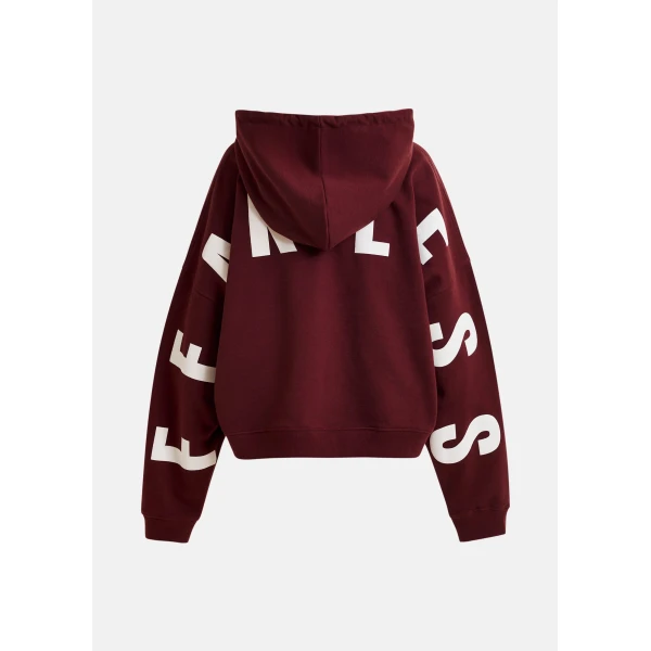 Essentiel Antwerp Burgundy oversized cotton hoodie with "fearless"-print - Essentiel Antwerp Hoodies - Colorful Belgian Design - Shop at Luxury Shoes 