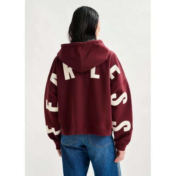 Essentiel Antwerp Burgundy oversized cotton hoodie with "fearless"-print - Essentiel Antwerp Hoodies - Colorful Belgian Design - Shop at Luxury Shoes 