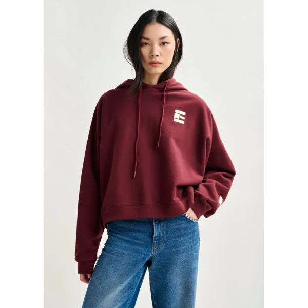 Essentiel Antwerp Burgundy oversized cotton hoodie with "fearless"-print - Essentiel Antwerp Hoodies - Colorful Belgian Design - Shop at Luxury Shoes 