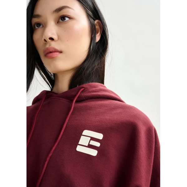 Essentiel Antwerp Burgundy oversized cotton hoodie with "fearless"-print - Essentiel Antwerp Hoodies - Colorful Belgian Design - Shop at Luxury Shoes 
