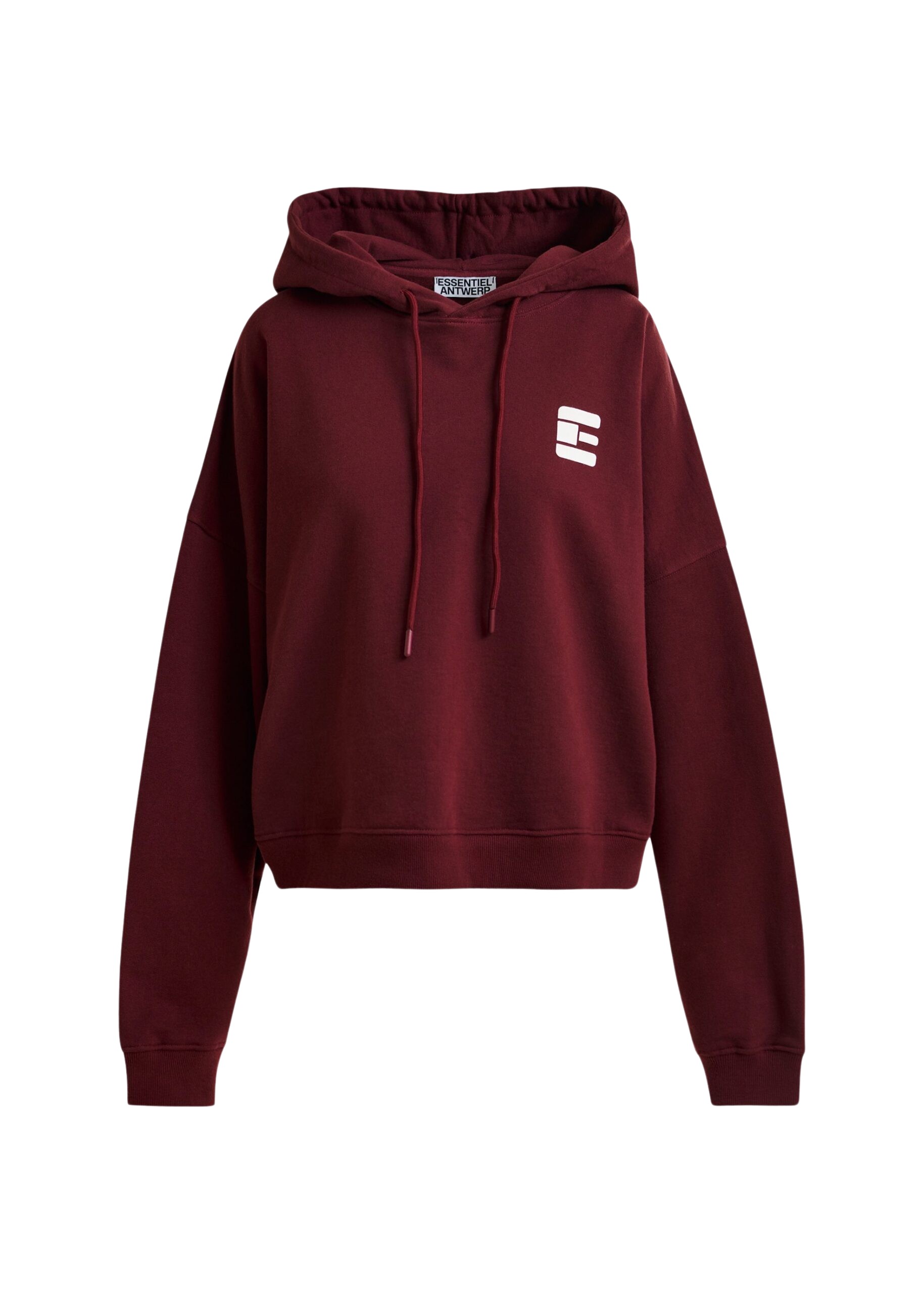 Essentiel Antwerp Burgundy oversized cotton hoodie with "fearless"-print - Essentiel Antwerp Hoodies - Colorful Belgian Design - Shop at Luxury Shoes 