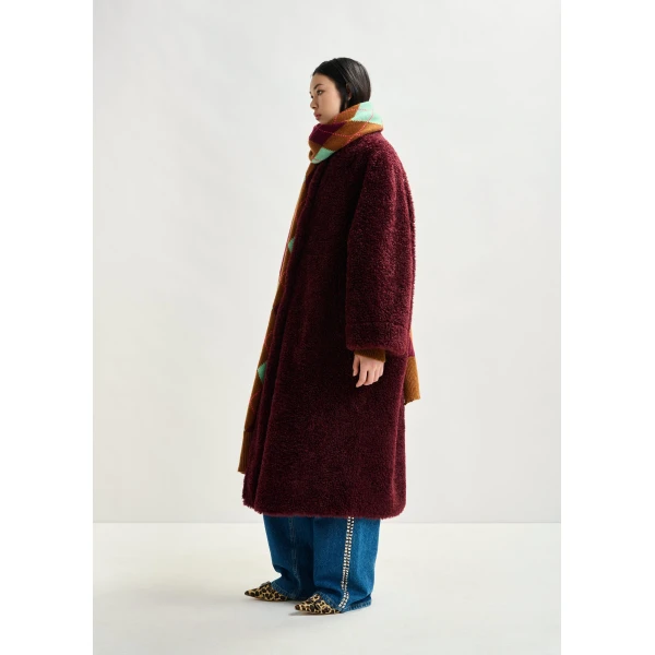 Essentiel Antwerp Burgundy oversized faux shearling coat with stand-up collar - Essentiel Antwerp Coats - Colorful Belgian Design - Shop at Luxury Shoes 