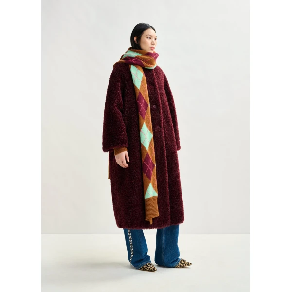 Essentiel Antwerp Burgundy oversized faux shearling coat with stand-up collar - Essentiel Antwerp Coats - Colorful Belgian Design - Shop at Luxury Shoes 