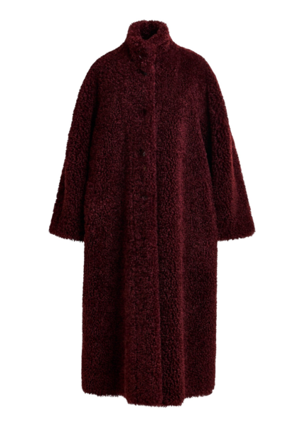 Essentiel Antwerp Burgundy oversized faux shearling coat with stand-up collar - Essentiel Antwerp Coats - Colorful Belgian Design - Shop at Luxury Shoes 