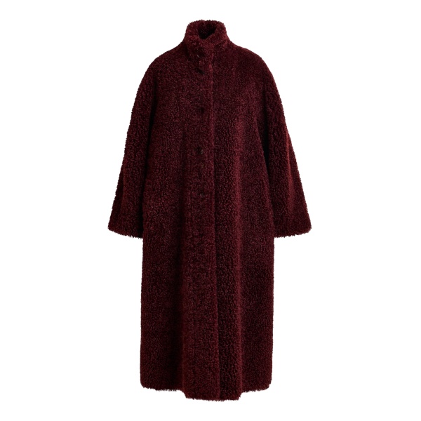 Essentiel Antwerp Burgundy oversized faux shearling coat with stand-up collar - Essentiel Antwerp Coats - Colorful Belgian Design - Shop at Luxury Shoes 